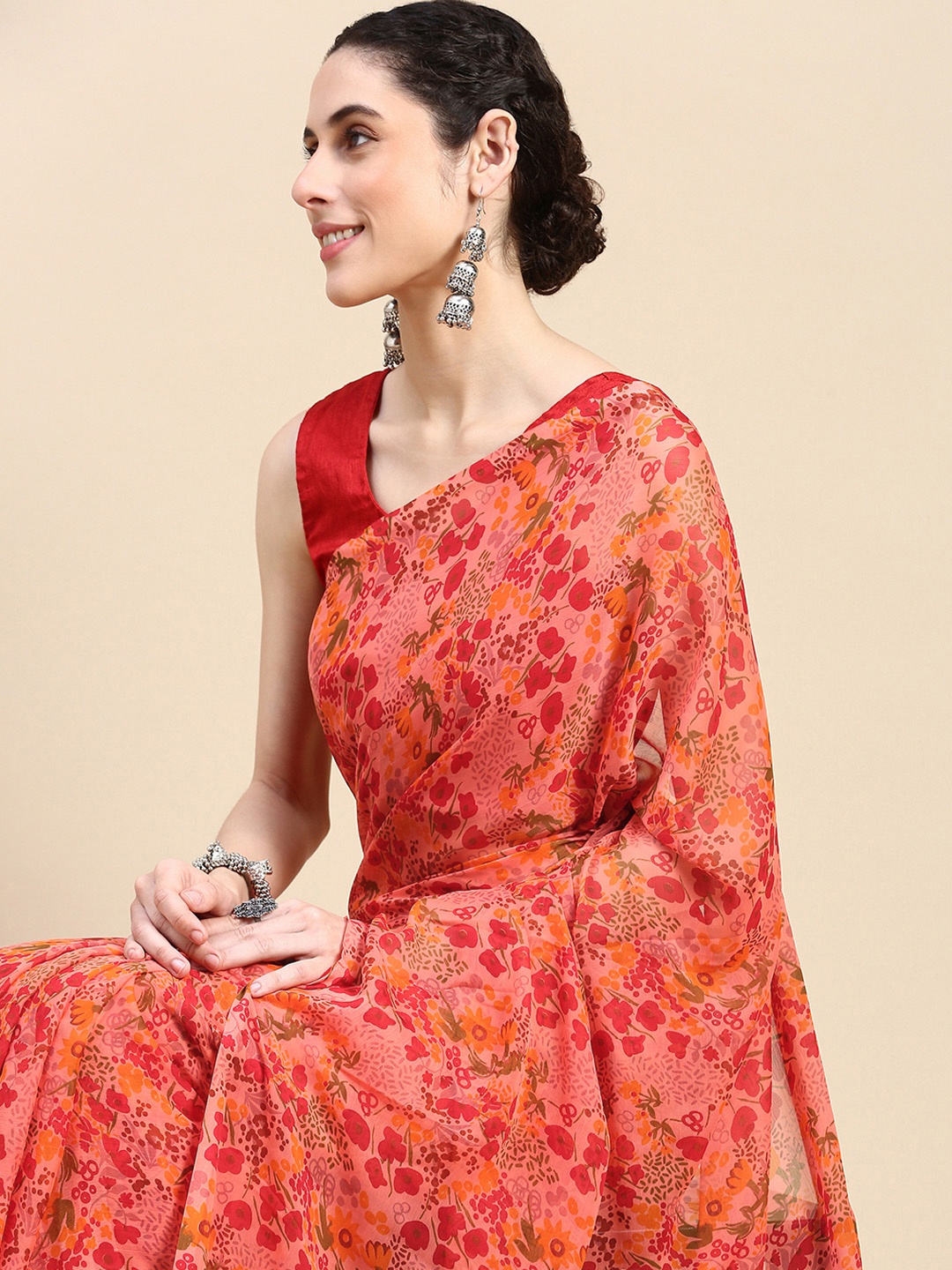 

HERE&NOW Floral Printed Pure Georgette Saree, Pink