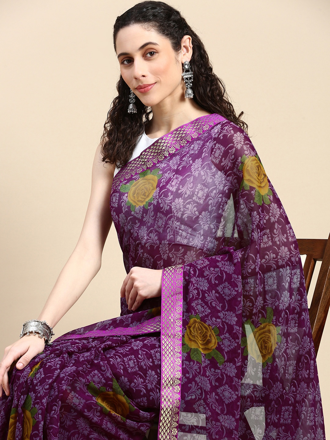 

HERE&NOW Floral Printed Zari Pure Georgette Saree, Purple