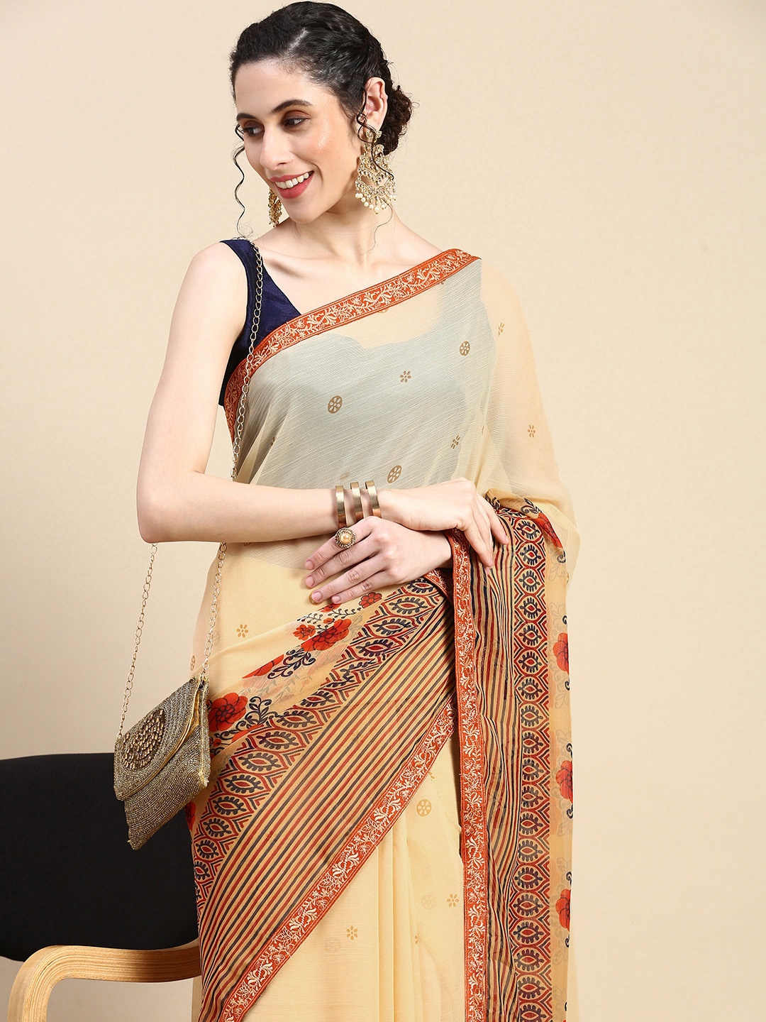 HERE&NOW Floral Printed Pure Georgette Saree, Beige