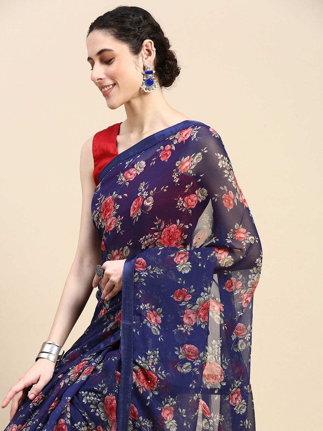 HERE&NOW Floral Printed Pure Georgette Saree, Blue