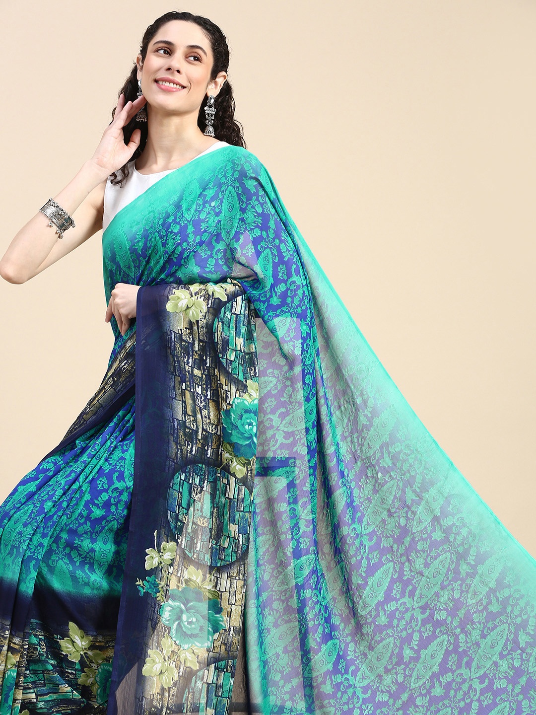 

HERE&NOW Ethnic Motifs Printed Pure Georgette Saree, Blue