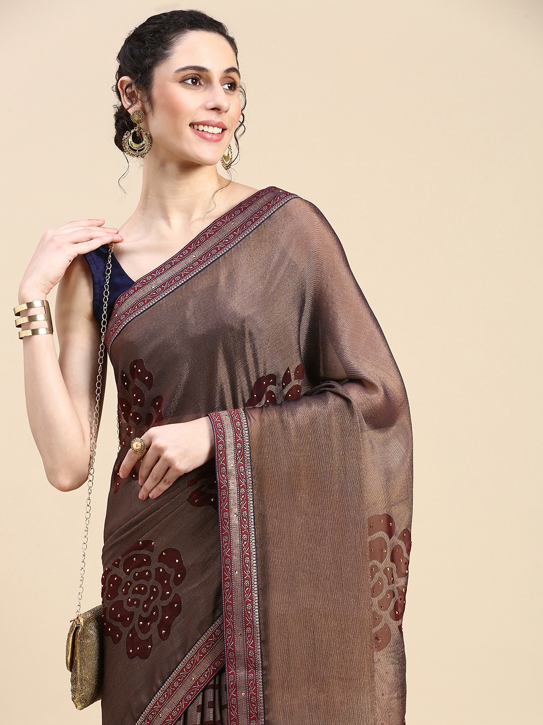 

HERE&NOW Floral Beads & Stones Brasso Saree, Silver