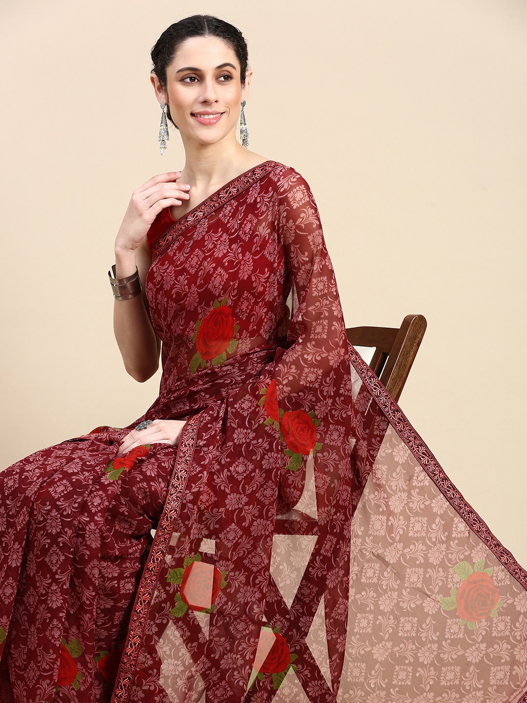 

HERE&NOW Ethnic Motifs Printed Pure Georgette Saree, Burgundy
