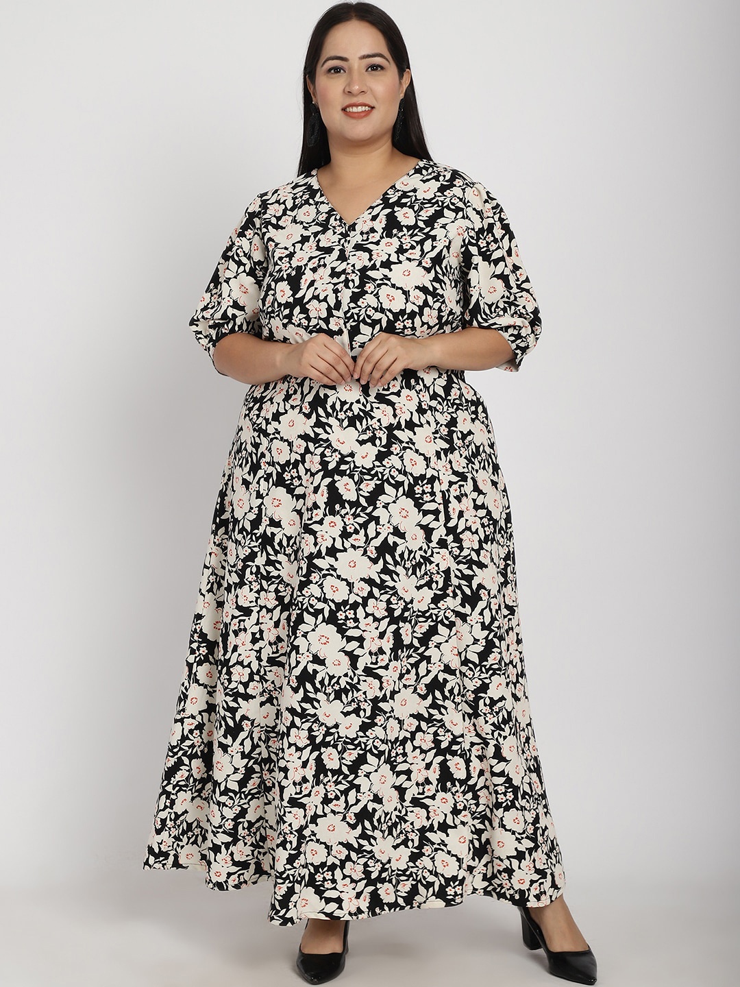 

plusS Plus Size Floral Printed V-Neck Cuffed Sleeve Fit & Flare Pleated Cotton Maxi Dress, Black