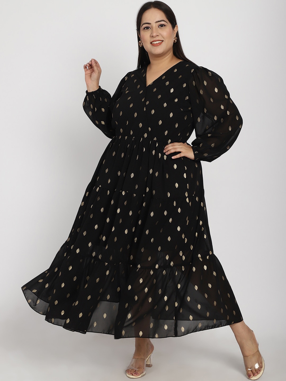 

plusS Plus Size Geometric Printed V-Neck Puff Sleeve Fit & Flare Pleated Maxi Dress, Black
