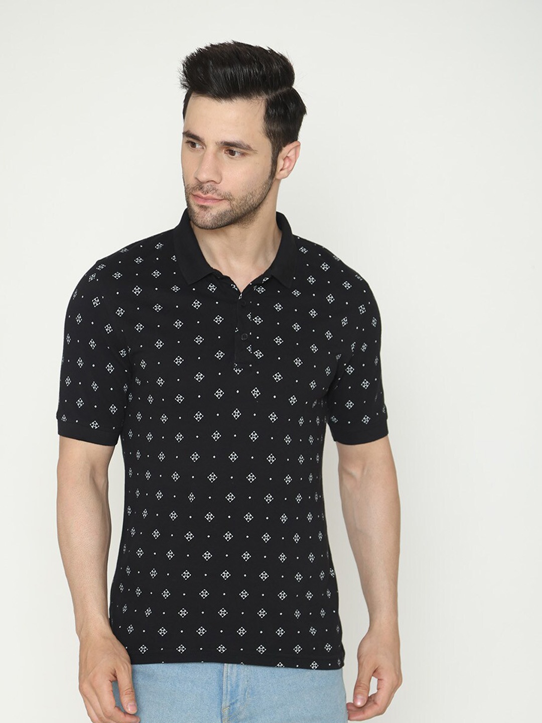 

Bonjour Conversational Printed Polo Collar Cotton T-Shirt, Black