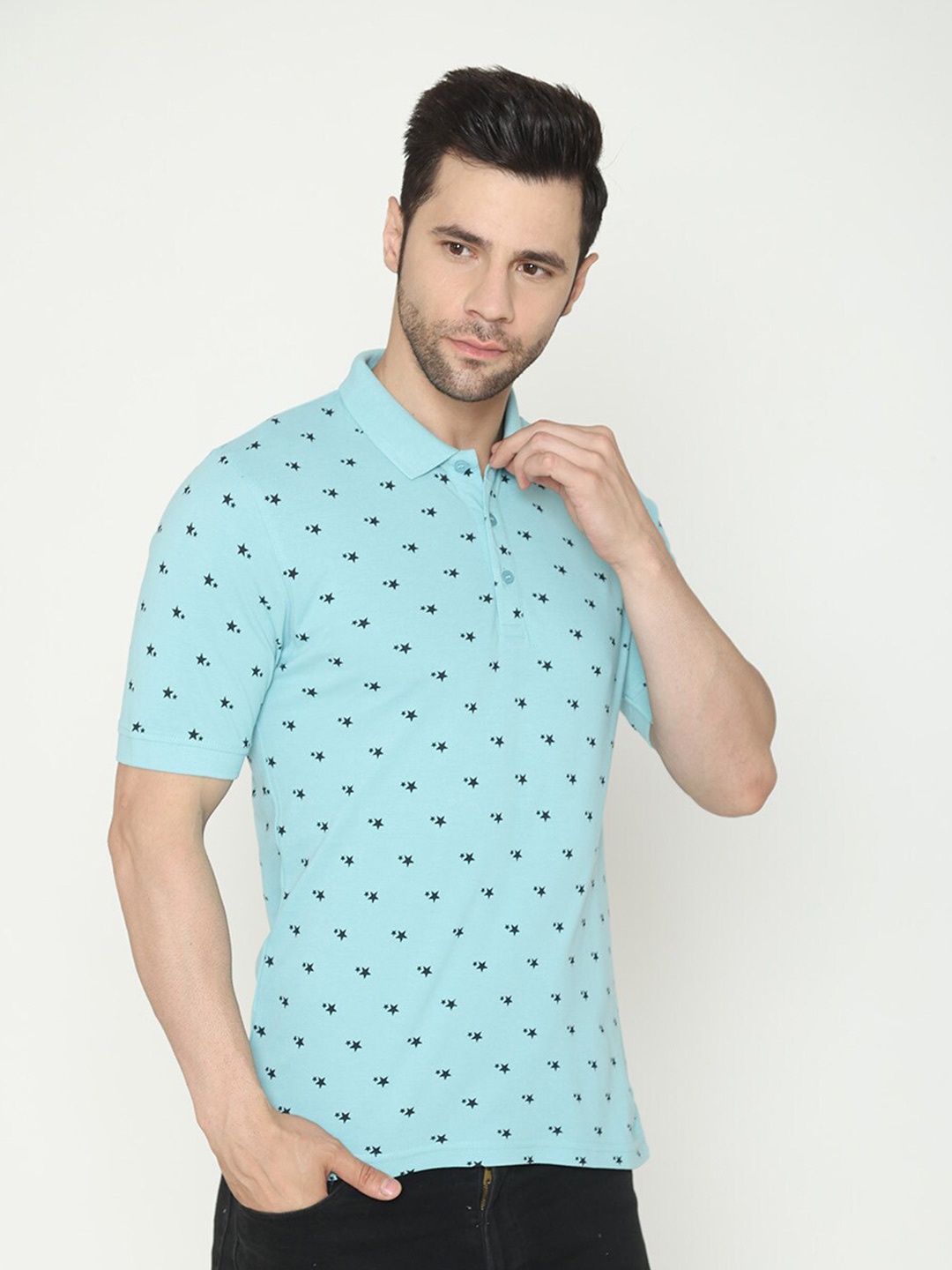 

Bonjour Conversational Printed Polo Collar Cotton T-Shirt, Blue