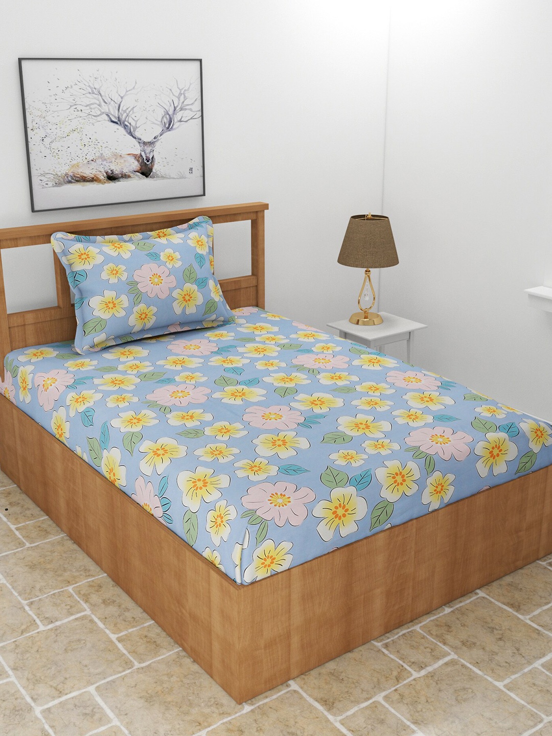 

BREVARD Blue & Pink Floral 210 TC Single Bedsheet with 1 Pillow Cover