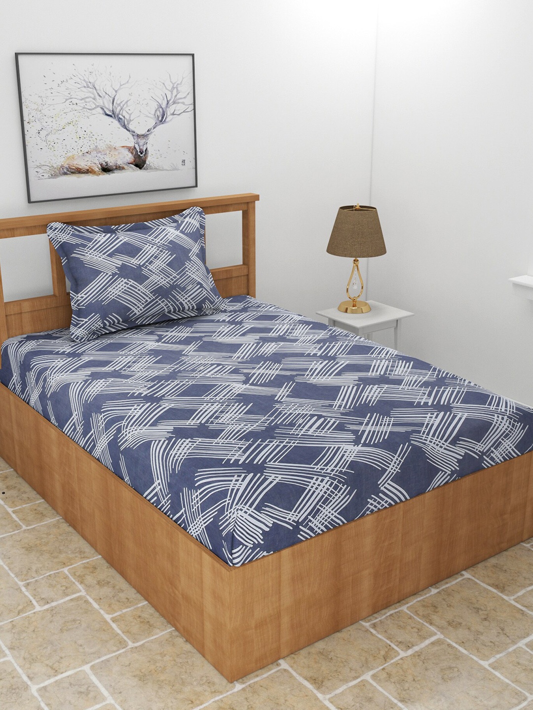 

BREVARD Blue & White Geometric 210 TC Single Bedsheet With 1 Pillow Cover