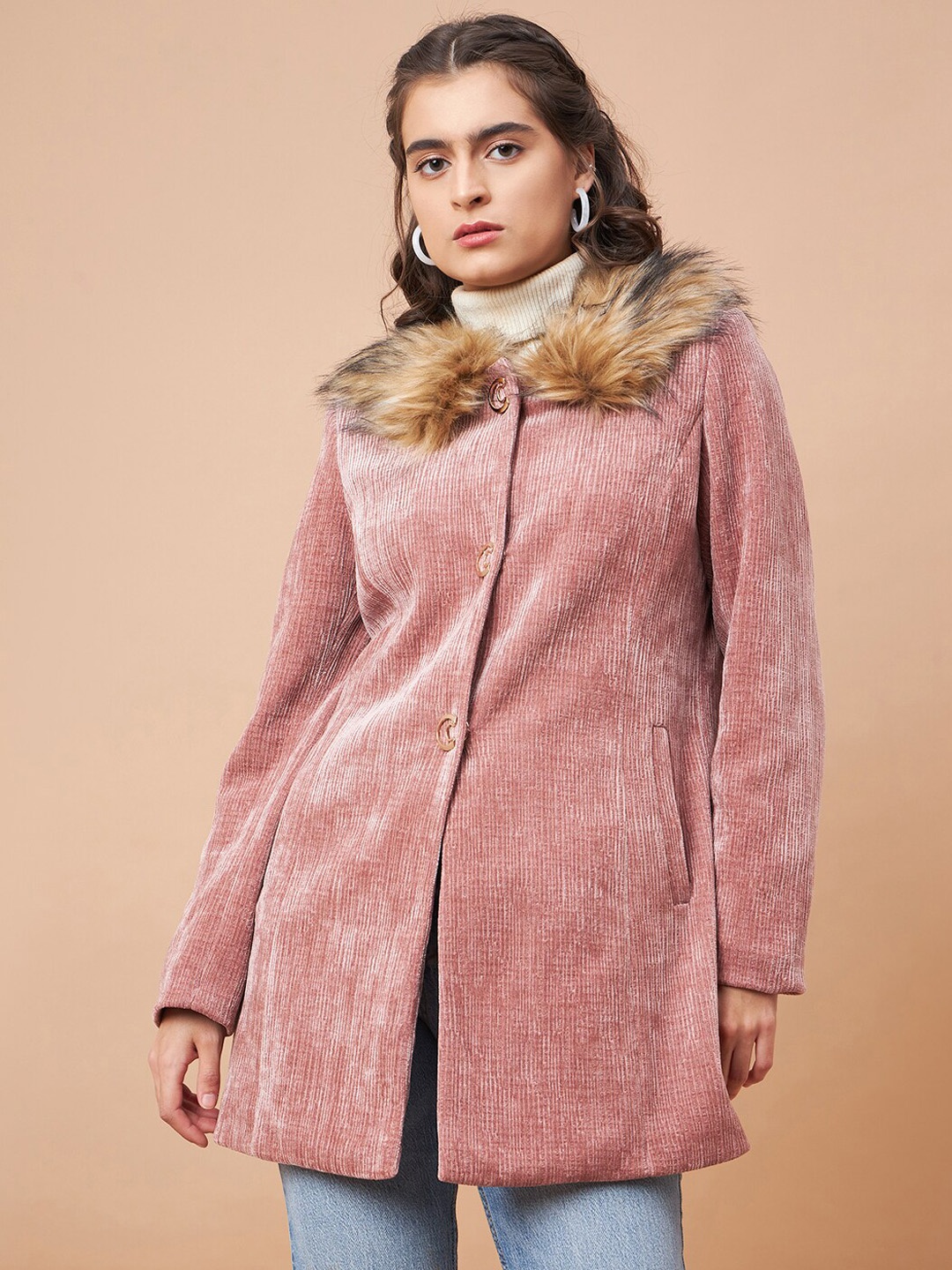 

Gipsy Faux Fur Detailed Self Designed Parka Coat, Pink