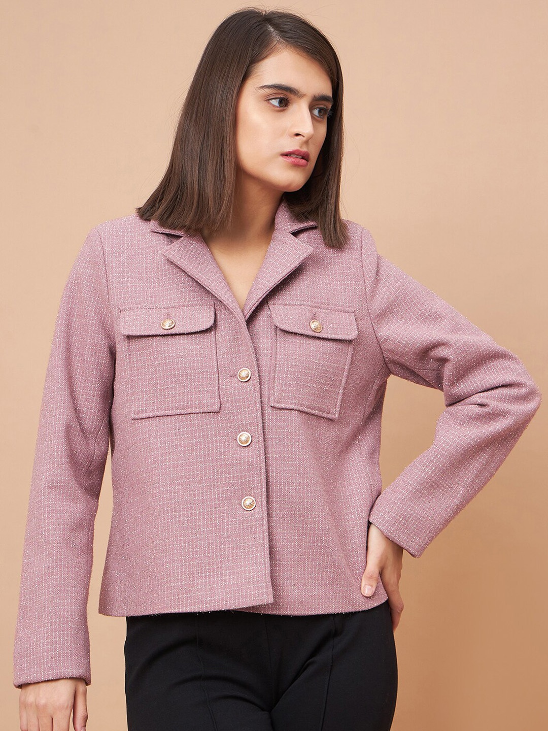 

Gipsy Checked Long Sleeves Notched Lapel Wool Overcoat, Pink