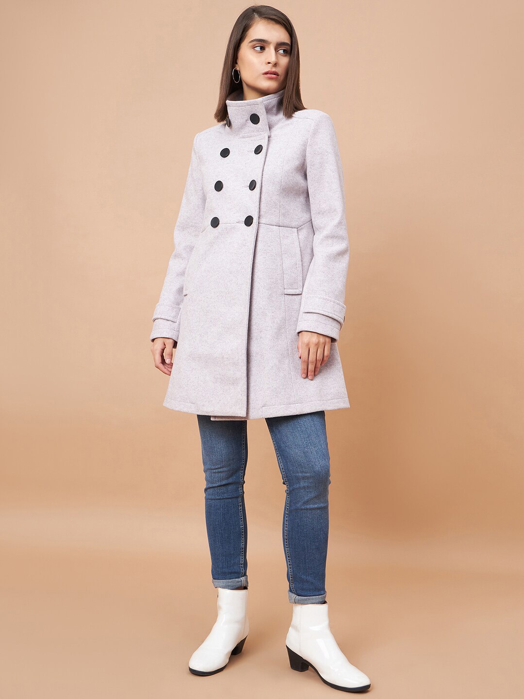 

Gipsy Mock Collar Long Sleeves Synthetic Double-Breasted Longline Overcoat, Lavender