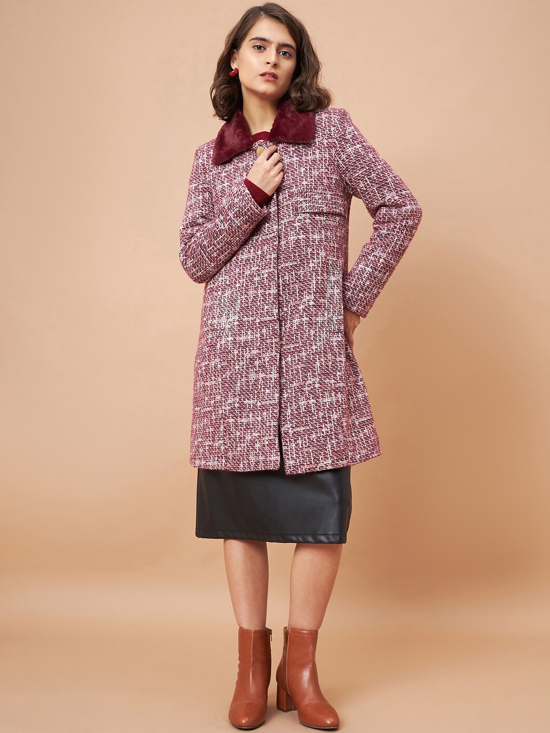 

Gipsy Checked Spread Collar Vibgyor Knit Milange Fabric Longline Overcoat, Maroon