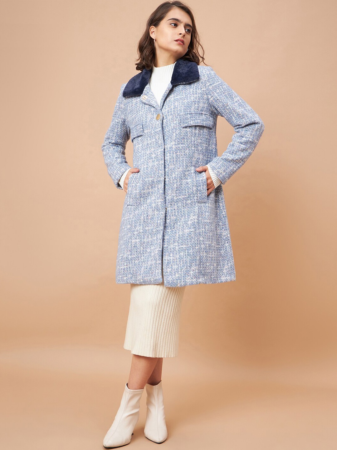 

Gipsy Checked Spread Collar Vibgyor Knit Milange Fabric Fur Longline Overcoat, Blue