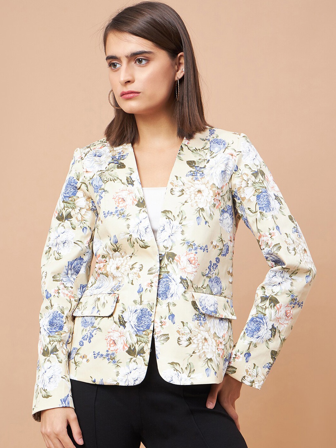 

Gipsy Floral Printed Shawl Collar Tailored Fit Single-Breasted Blazer, Beige