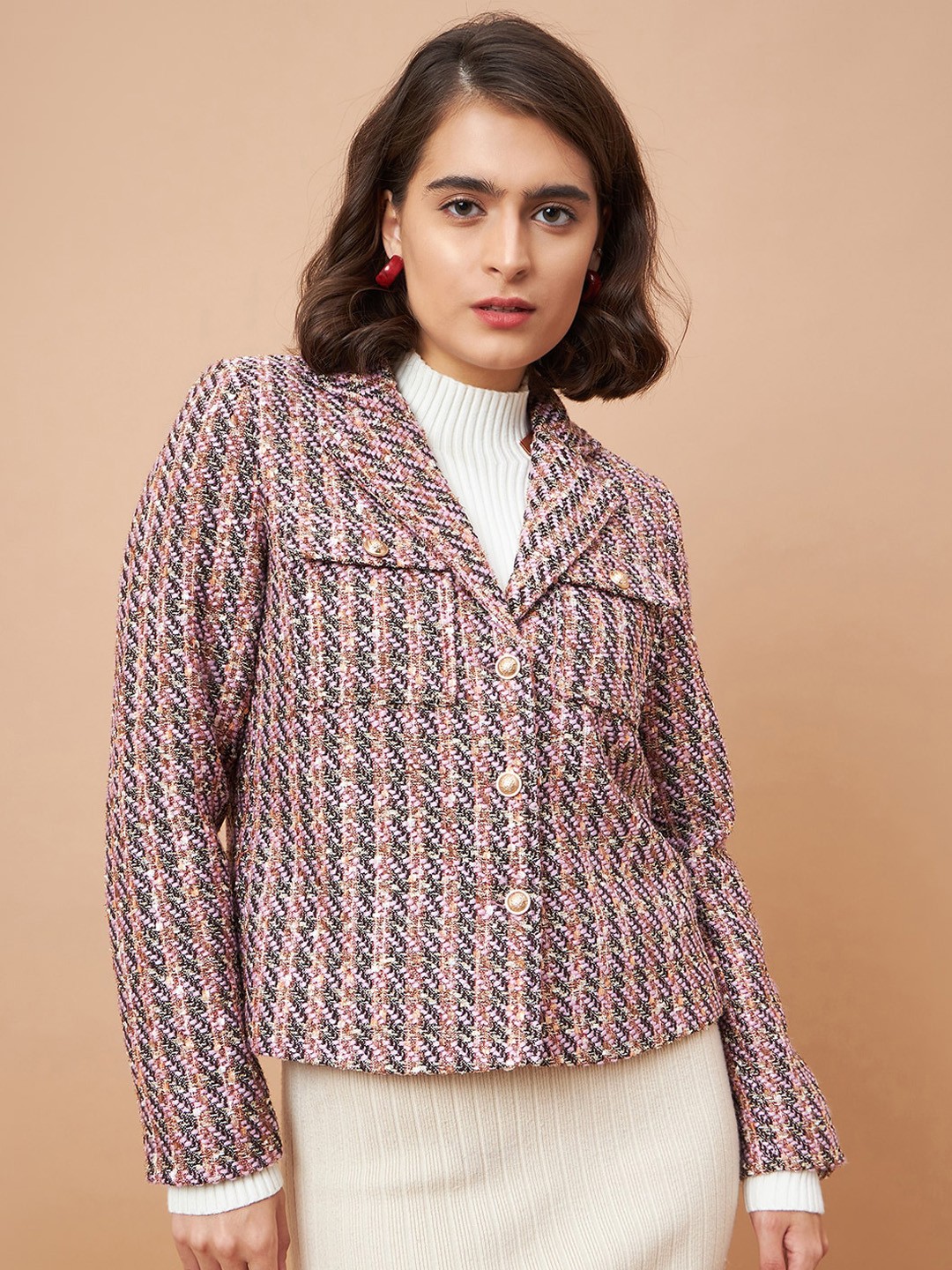 

Gipsy Striped Notched Lapel Collar Overcoat, Pink