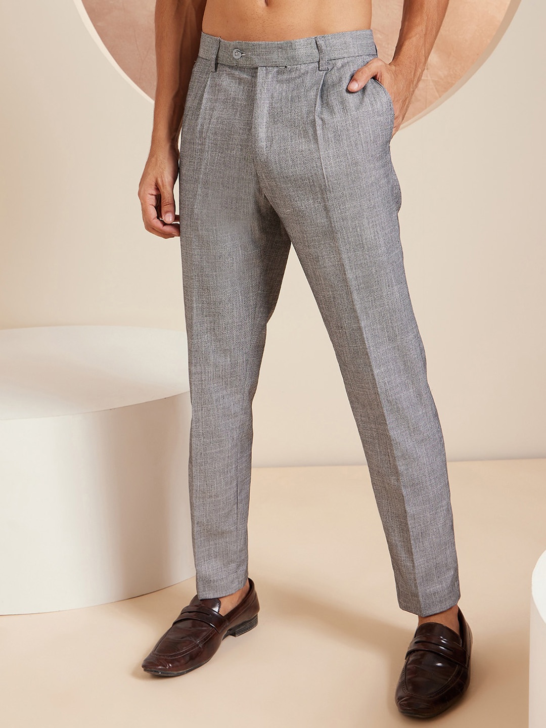 

DENNISON Men Smart Tapered Fit Easy Wash Pleated Formal Trousers, Grey