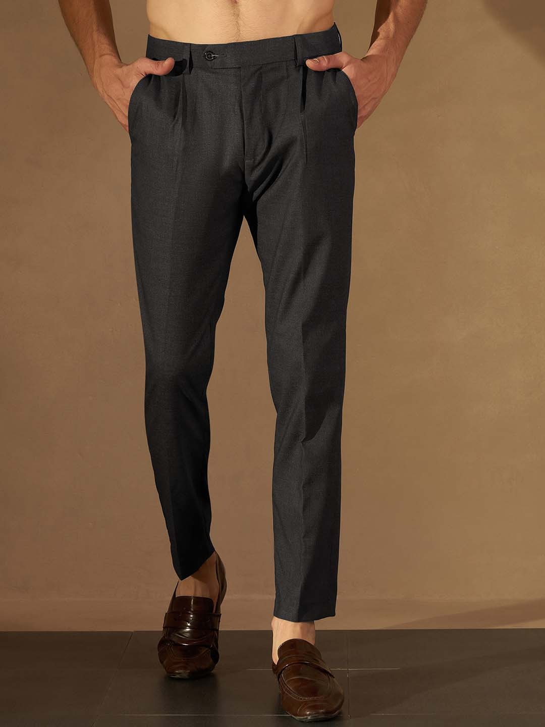 

DENNISON Men Smart Tapered Fit Easy Wash Formal Trousers, Charcoal