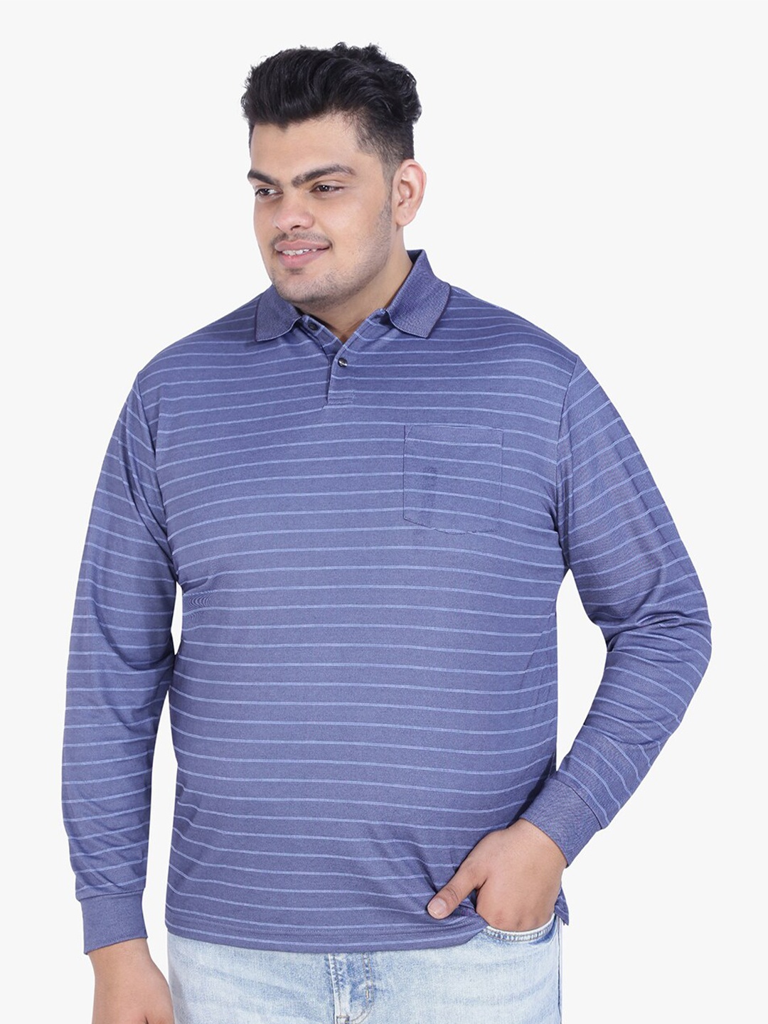 

Santonio Plus Size Striped Polo Collar T-shirt, Blue