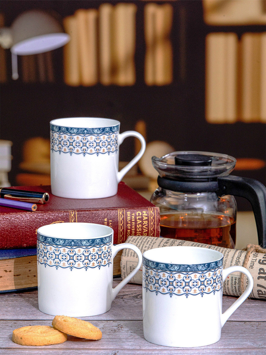 

SONAKI White & Blue 6 Pieces Floral Printed Bone China Glossy Mugs- 210 ML Each