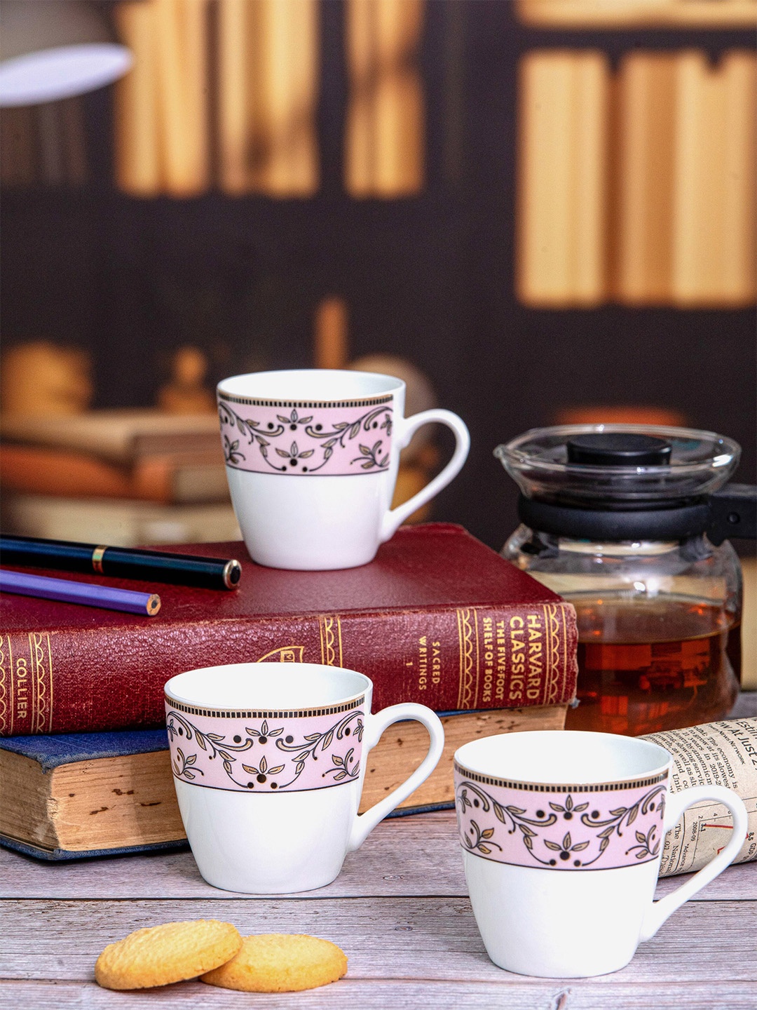 

SONAKI White & Pink 6 Pieces Floral Printed Bone China Glossy Mugs- 150 ML Each