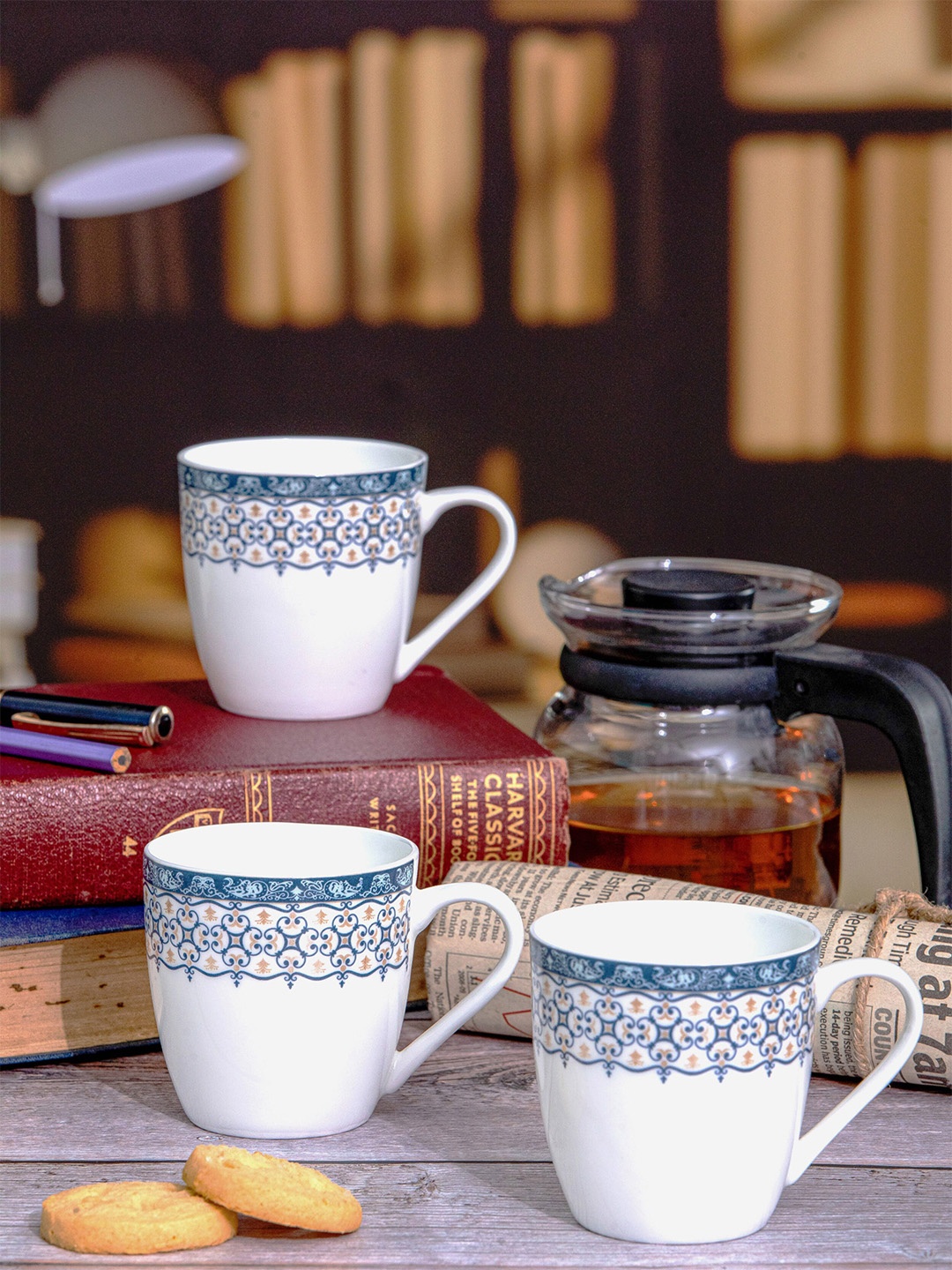 

SONAKI White & Blue 6 Pieces Floral Printed Bone China Glossy Mugs- 180 ML Each