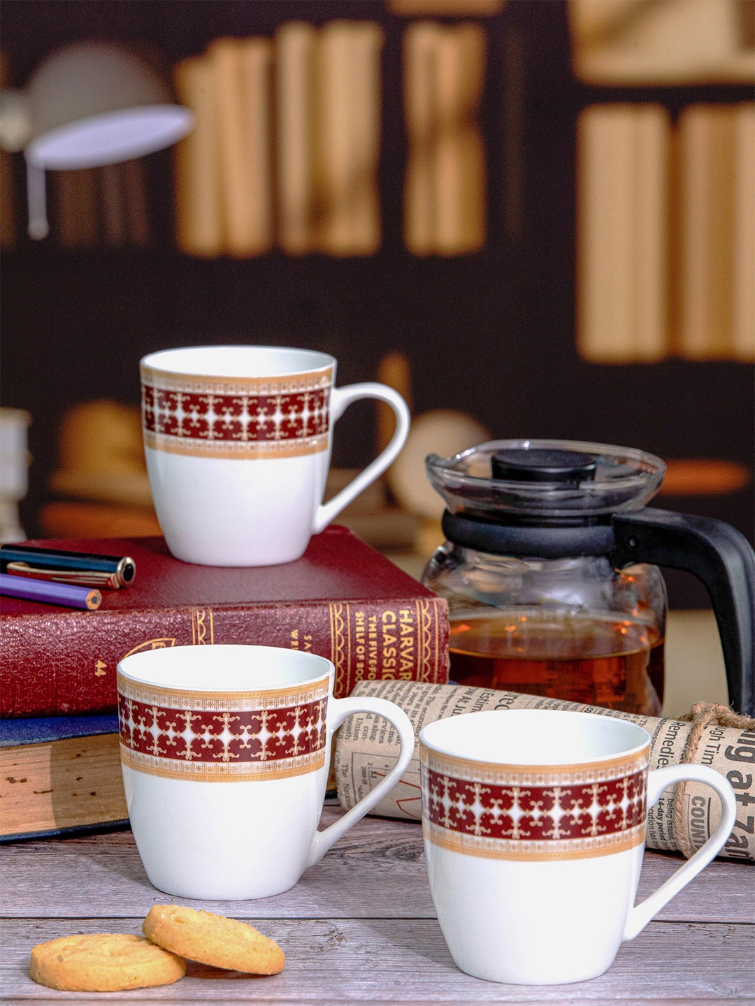 

SONAKI White & Red 6 Pieces Floral Printed Bone China Glossy Mugs 180 Ml Each