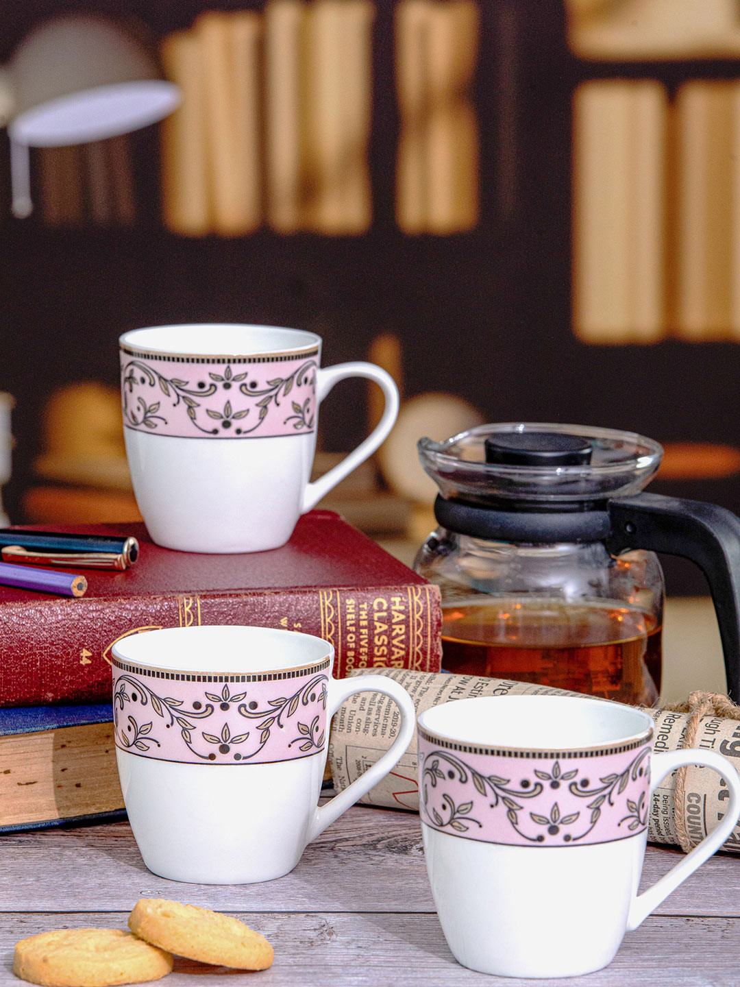 

SONAKI White & Pink 6 Pieces Floral Printed Bone China Glossy Coffee Mugs 180 ml