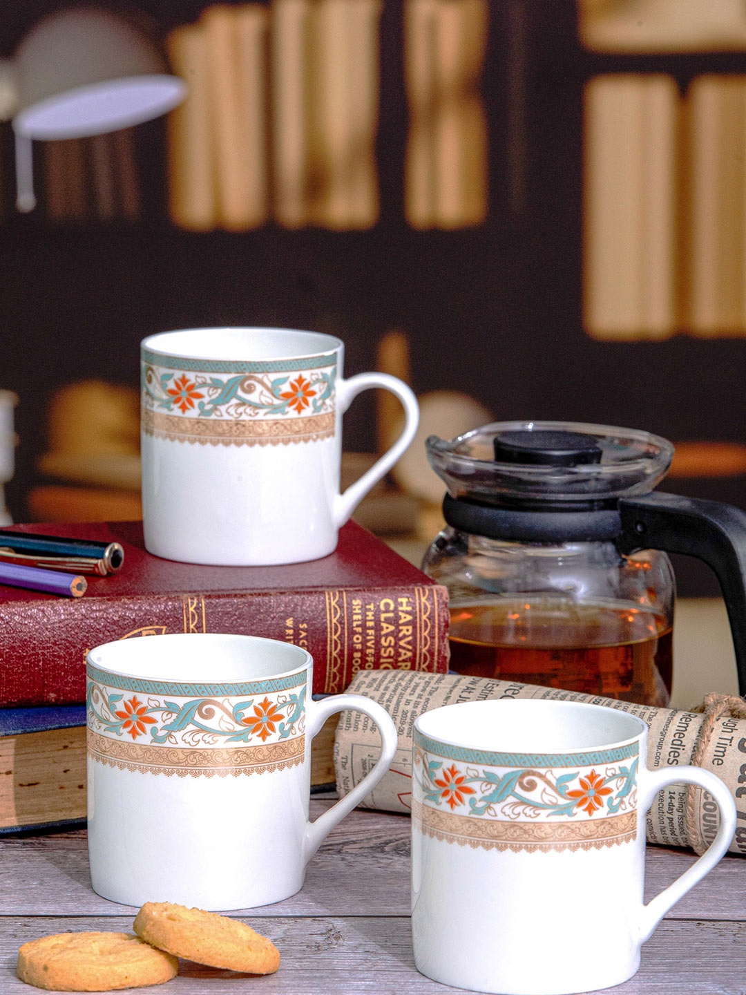 

SONAKI White & Blue 6 Pieces Floral Printed Bone China Glossy Mugs- 210 ML Each