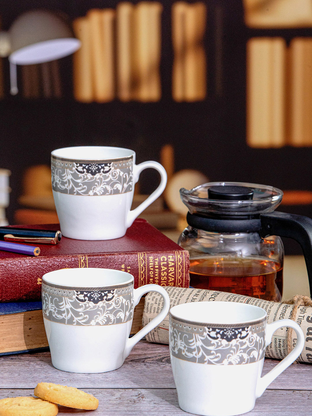

SONAKI White & Grey 6 Pieces Floral Printed Bone China Glossy Mugs- 180 ML Each