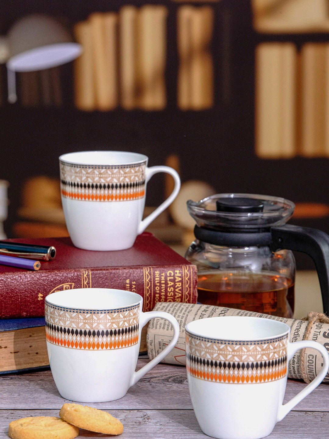 

SONAKI White & Orange 6 Pieces Floral Printed Bone China Glossy Mugs 180 ml Each