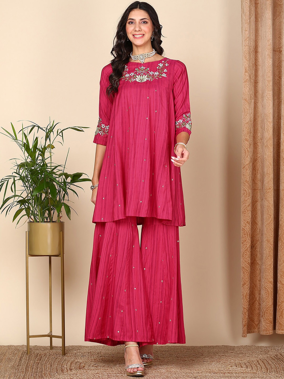 

HERE&NOW Pink Floral Embroidered Beads And Stones Pure Silk Kurta with Sharara