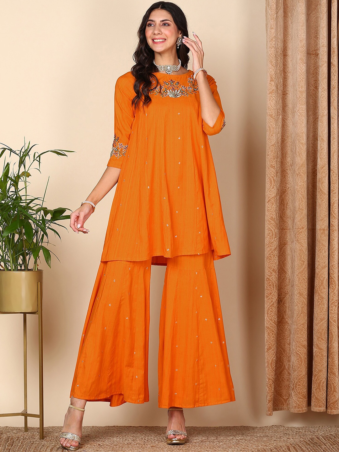 

HERE&NOW Orange Ethnic Motifs Embroidered Beads & Stones Pure Silk Kurta with Sharara