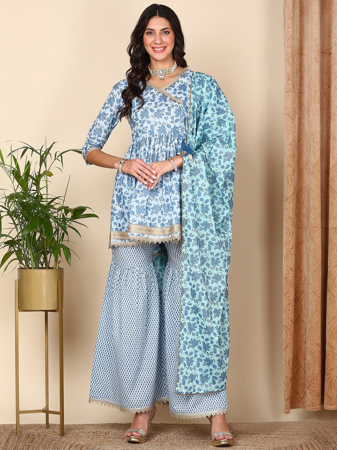 

HERE&NOW Blue Floral Printed Angrakha Gotta Patti Pure Cotton Kurti with Sharara & Dupatta