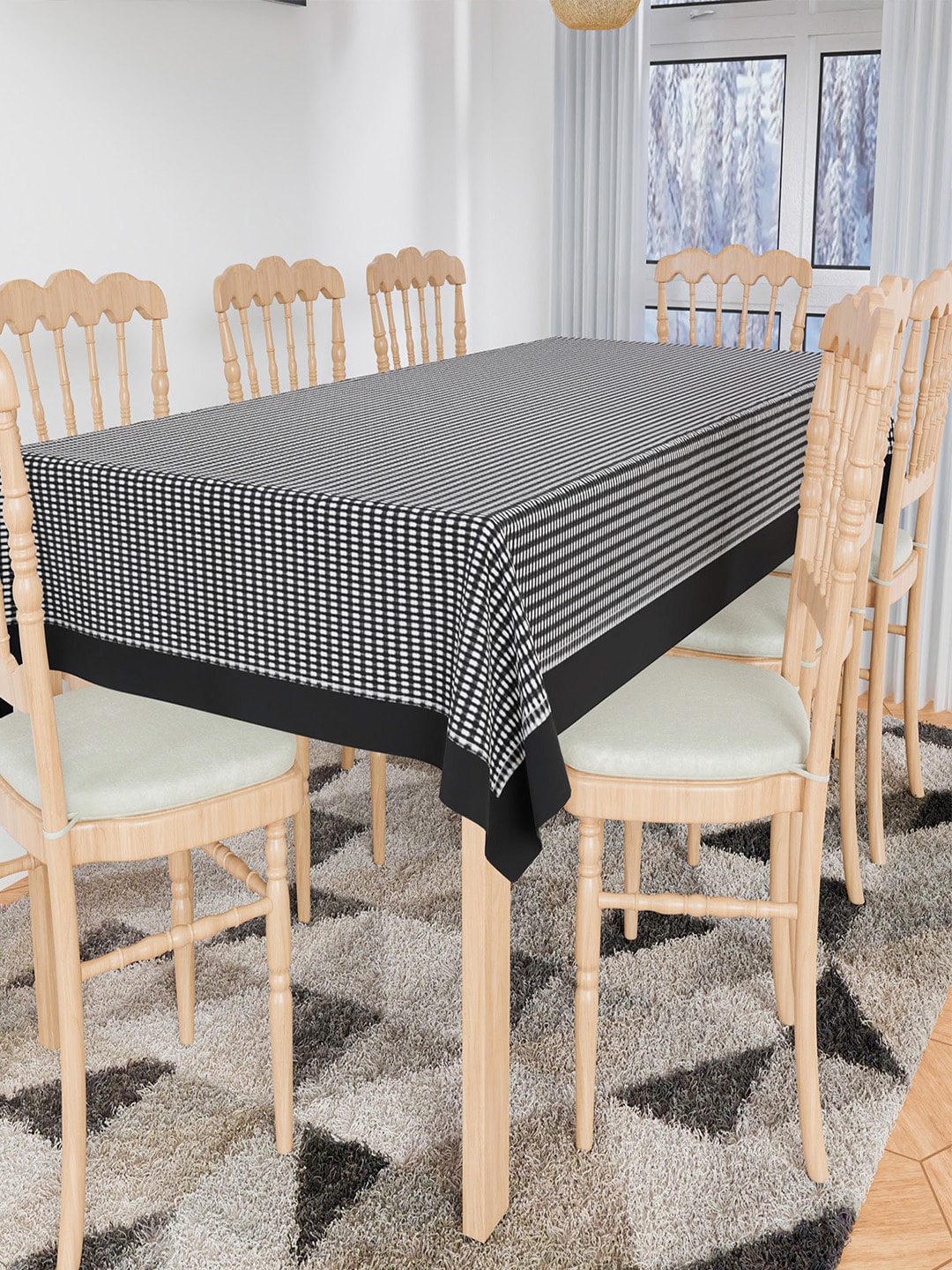

Kuber Industries Black Barik Checked 8-Seater Table Cover