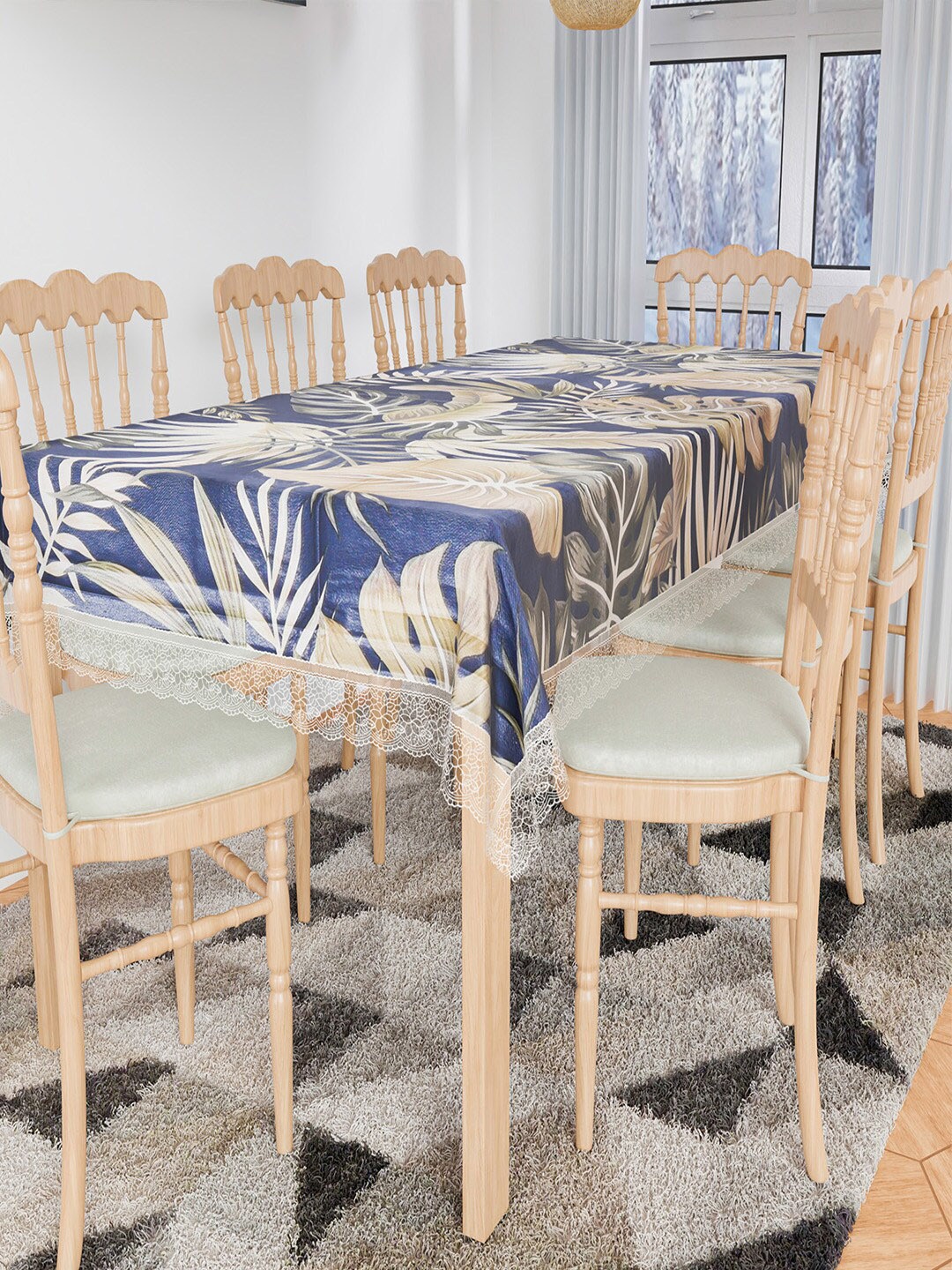 

Kuber Industries Blue 7 Beige Printed 8 Seater Dining Table Cloth Cover