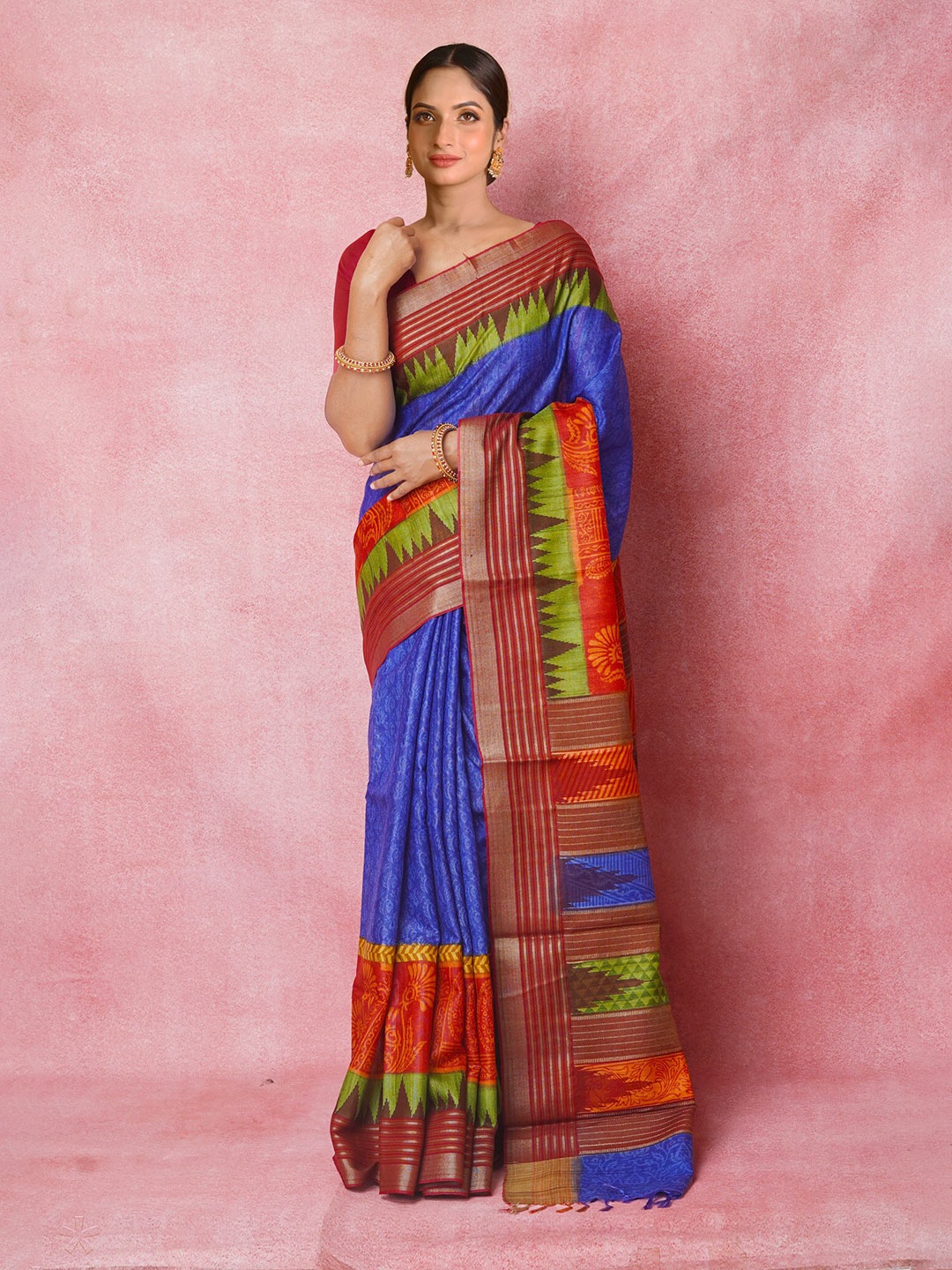 

Unnati Silks Ethnic Motifs Printed Pure Silk Handloom Tussar Saree, Blue
