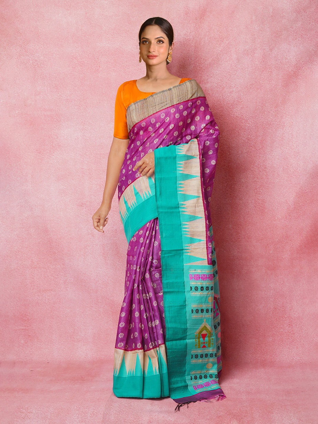 

Unnati Silks Ethnic Motifs Block Printed Handloom Pure Silk Tussar Saree, Purple