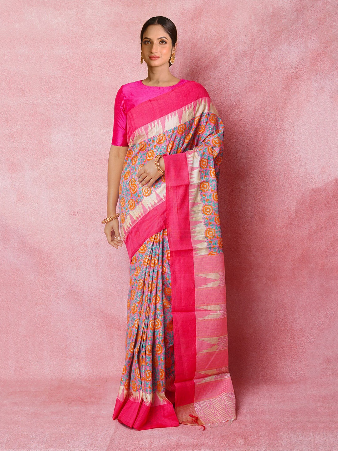 

Unnati Silks Ethnic Motifs Printed Zari Pure Silk Tussar Saree, Pink