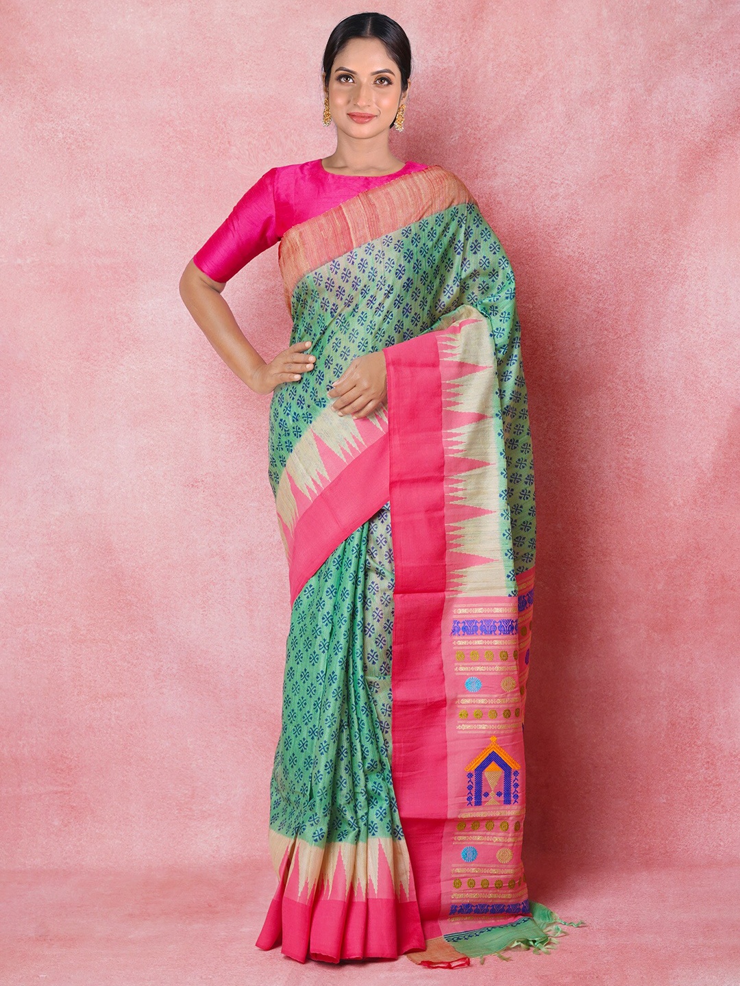 

Unnati Silks Ethnic Motifs Pure Silk Handloom Tussar Saree, Green