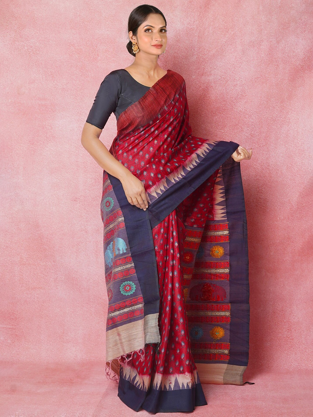 

Unnati Silks Ethnic Motifs Pure Silk Handloom Tussar Saree, Maroon