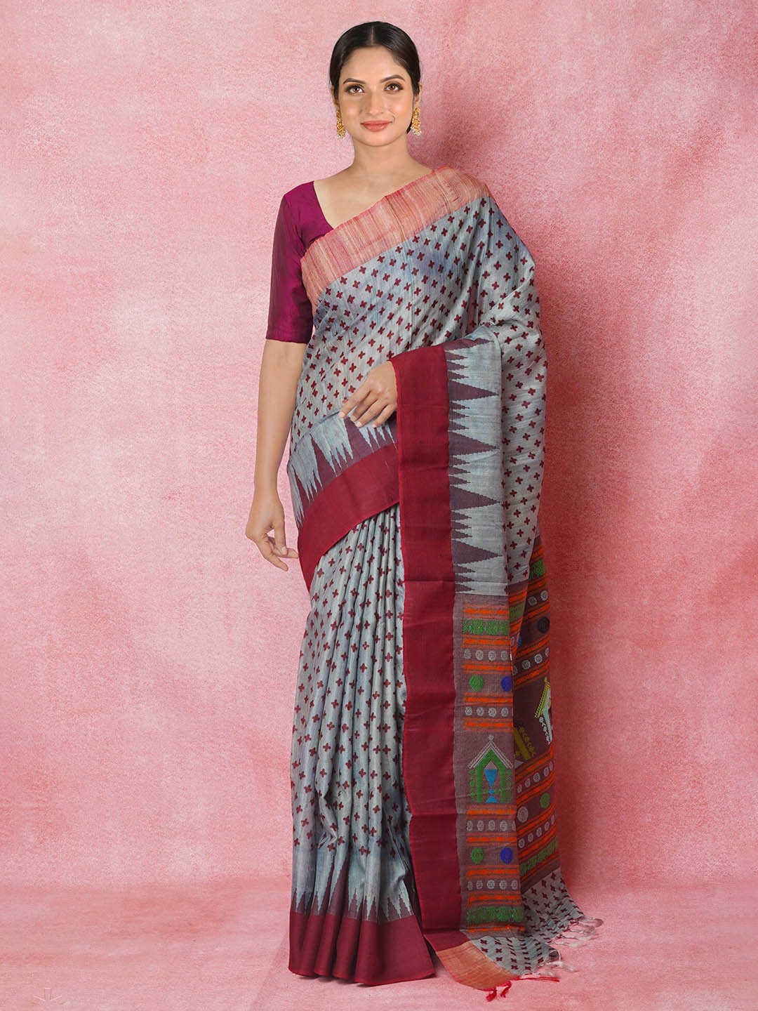 

Unnati Silks Ethnic Motif Printed Zari Pure Silk Handloom Tussar Saree, Grey