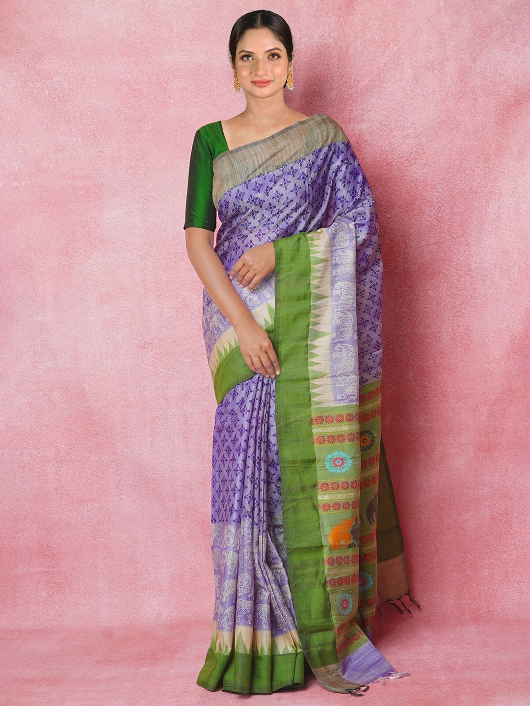 

Unnati Silks Ethnic Motifs Printed Pure Silk Tussar Saree, Lavender