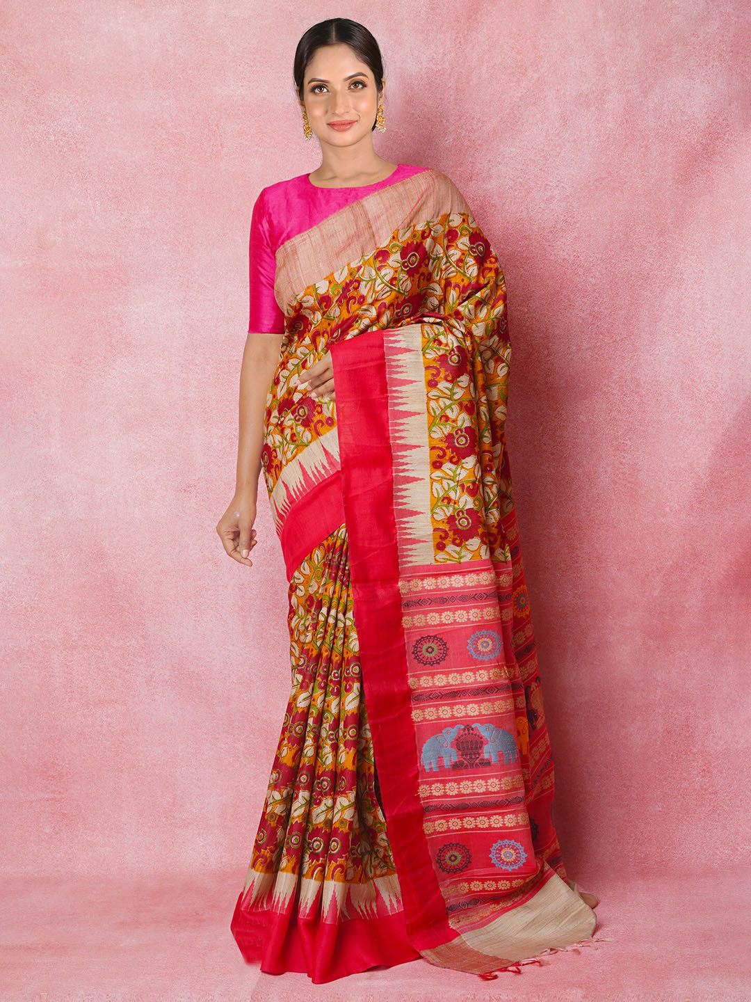 

Unnati Silks Floral Pure Silk Handloom Tussar Saree, Yellow