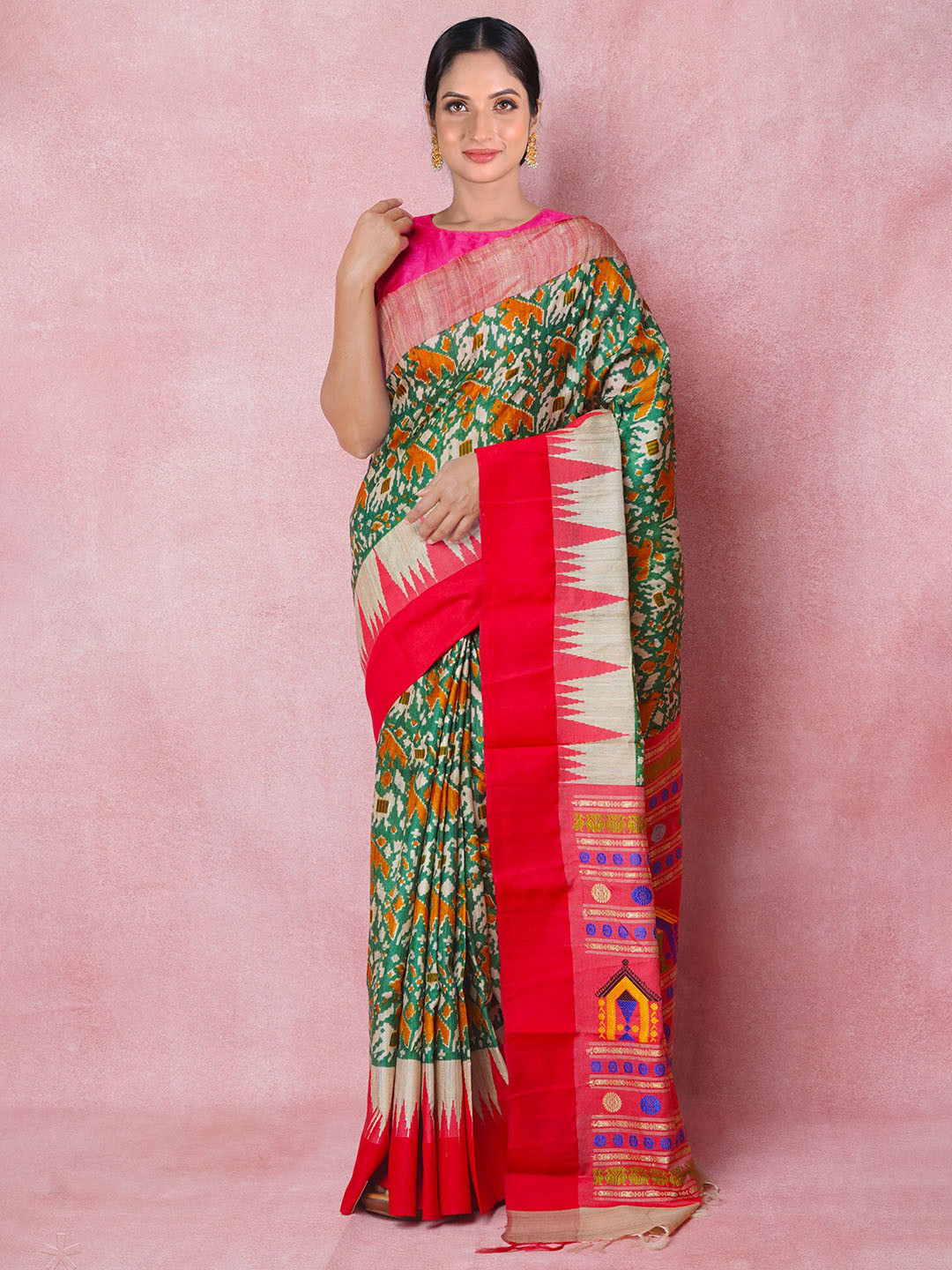 

Unnati Silks Ethnic Motifs Block Printed Pure Silk Handloom Tussar Saree, Green