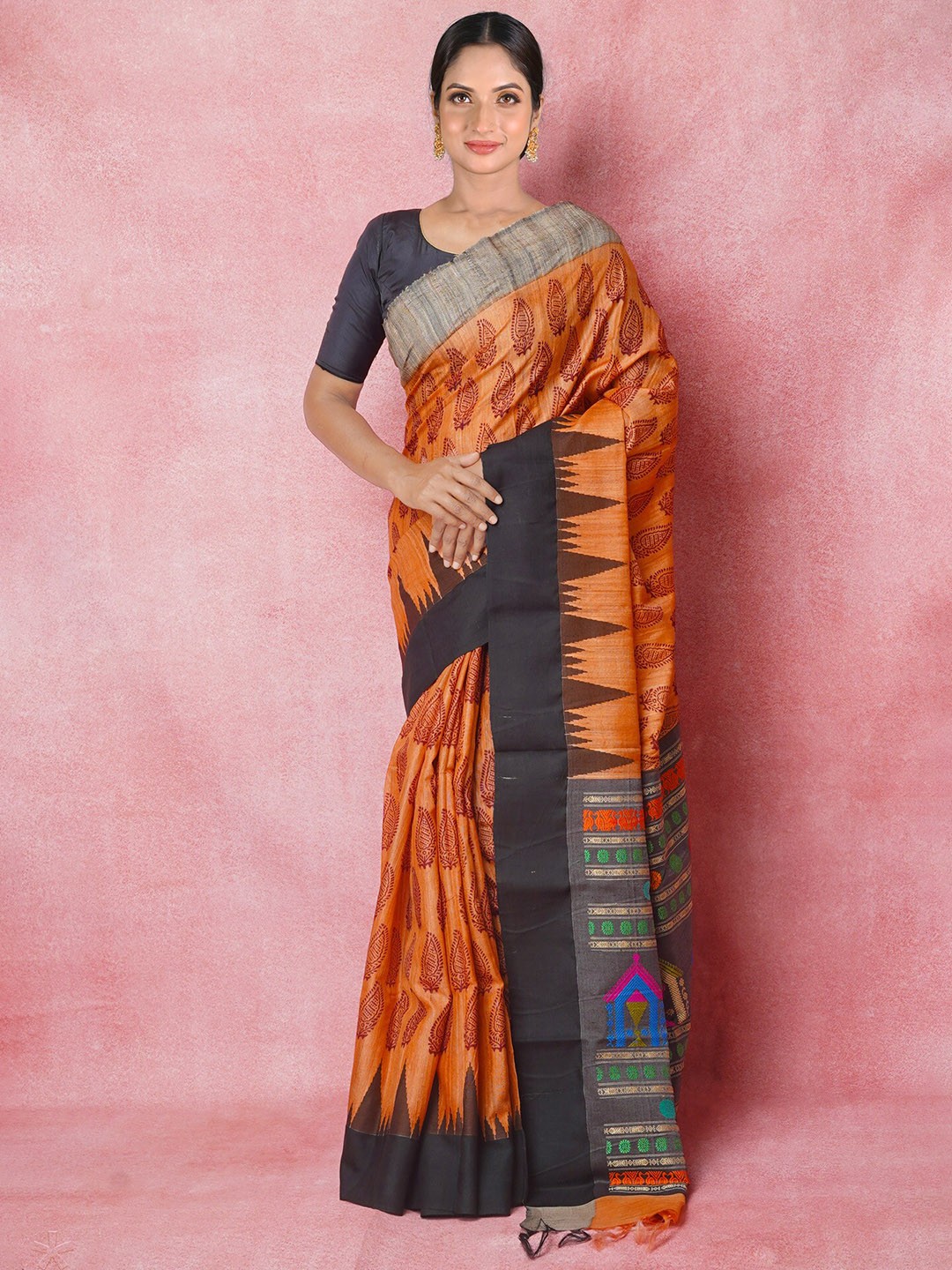 

Unnati Silks Ethnic Motifs Block Printed Handloom Pure Silk Tussar Saree, Orange