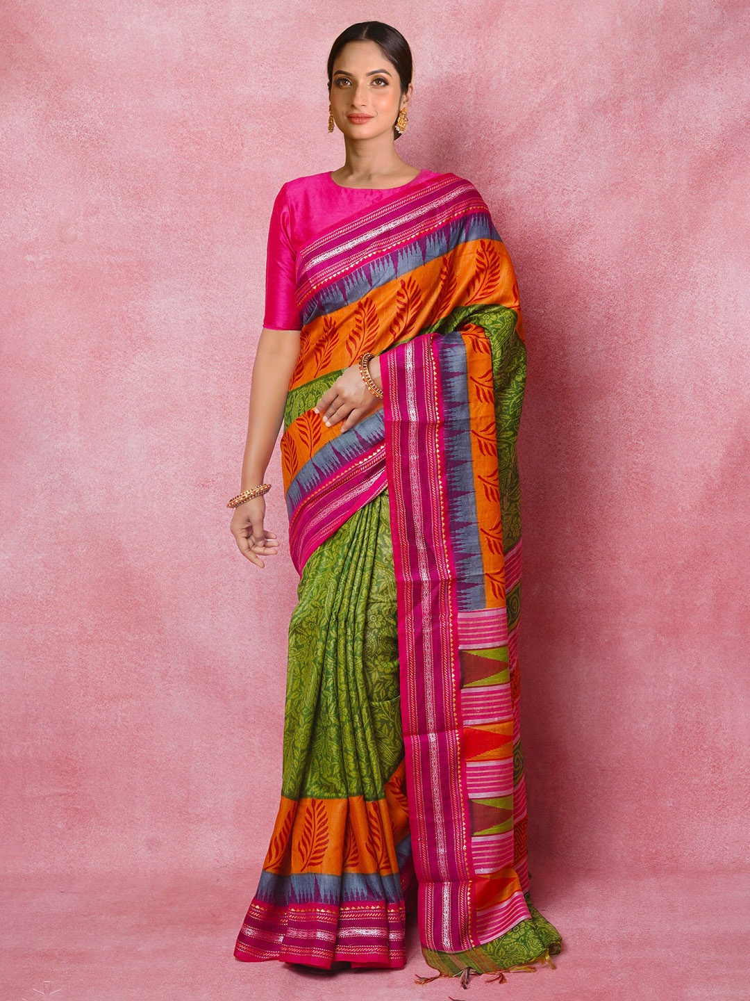 

Unnati Silks Ethnic Motifs Pure Silk Handloom Tussar Saree, Green