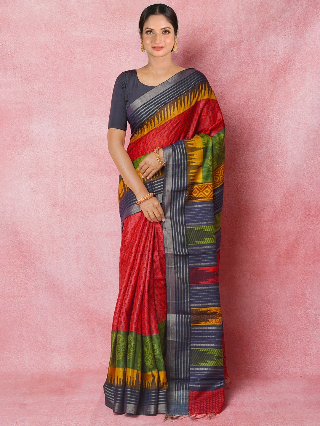 

Unnati Silks Ethnic Motifs Block Printed Pure Silk Handloom Tussar Saree, Red