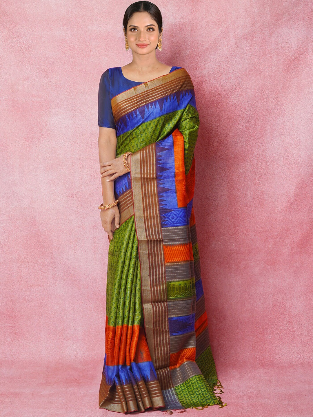 

Unnati Silks Ethnic Motifs Zari Pure Silk Handloom Tussar Saree, Green