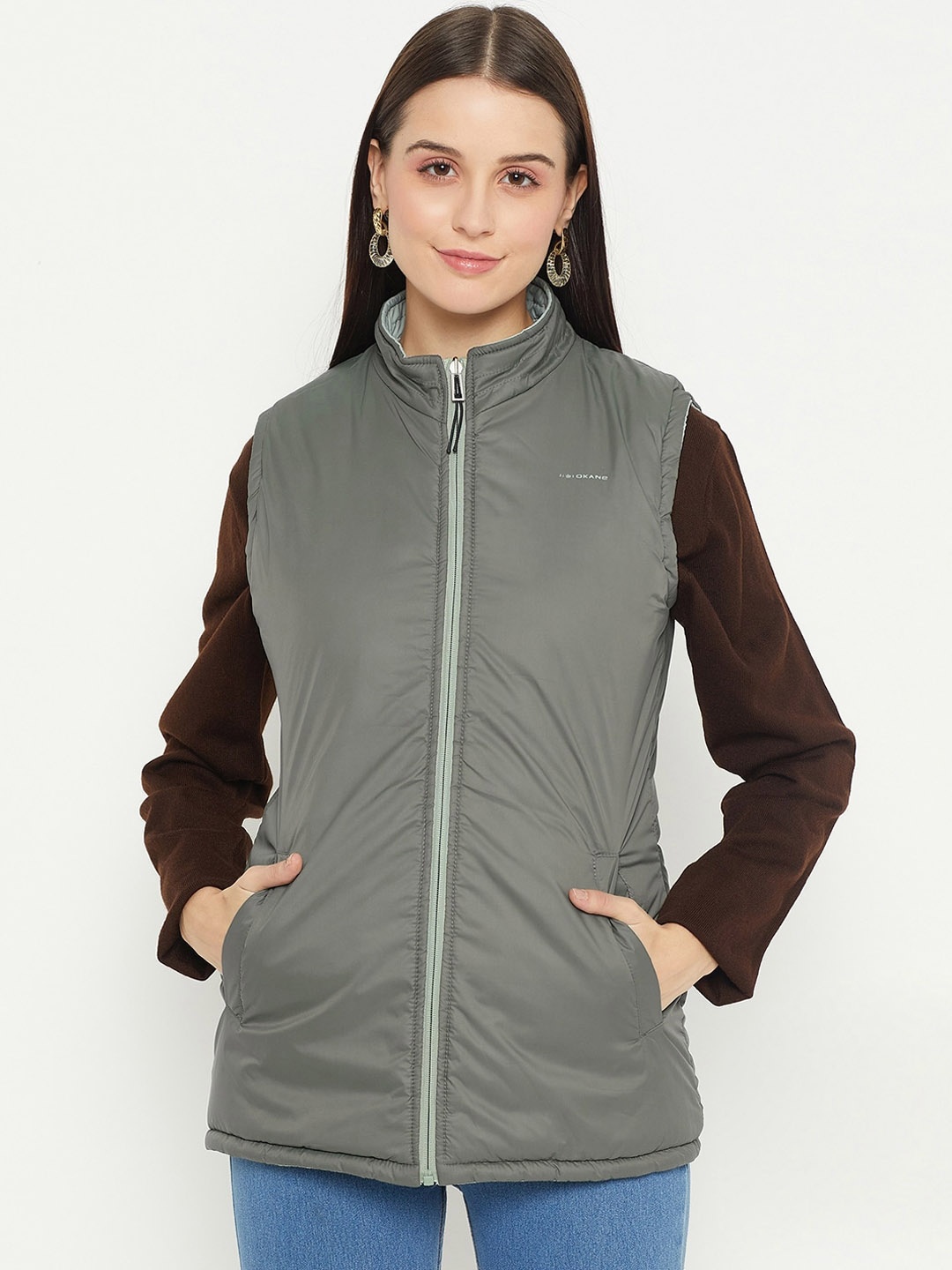 

Okane Mock Collar Reversible Longline Padded Jacket, Green